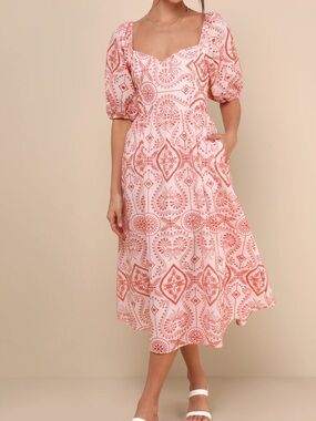 Dainty Persona Orange Eyelet Midi Dress With Pockets